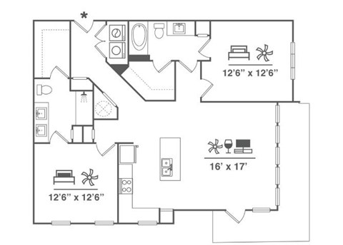 Floor plan for 2 beds, 2 baths, 1268 sqft